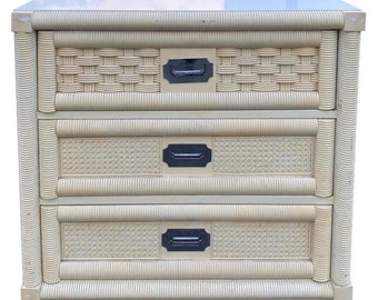 Vintage Rattan Nightstand by Dixie Wicker Weve with 3 Drawers 30" Tall - Creamy White Cane Coastal Bamboo Campaign Boho Chic Style Chest