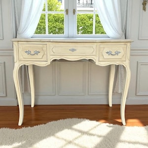 Vintage Henry Link French Provincial Vanity Table with Mirror – Romantic Creamy White Makeup Desk, 2 Drawers and Cottage Cabriole Legs