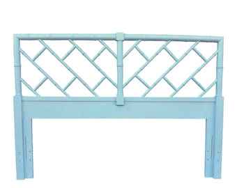 Chinese Chippendale Queen Headboard by Henry Link Bali Hai Painted Surf Spray Blue - Vintage Faux Bamboo Fretwork Full Chinoiserie Coastal