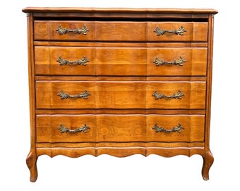French Provincial Bachelor’s Chest by Permacraft 34W 31H - Vintage Cherry Wood Louis XV Serpentine 4 Drawer Large Nightstand Dresser Table