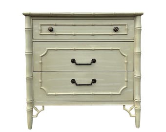Rare Faux Bamboo 3 Drawer Nightstand by Dixie - Vintage Creamy White Coastal Hollywood Regency Bachelor Chest
