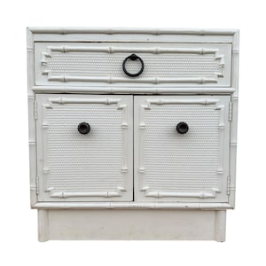 SOLD Vintage Chinoiserie Nightstand Project by Omega Furniture - Faux Bamboo & Rattan Hollywood Regency Coastal Storage Chest or End Table