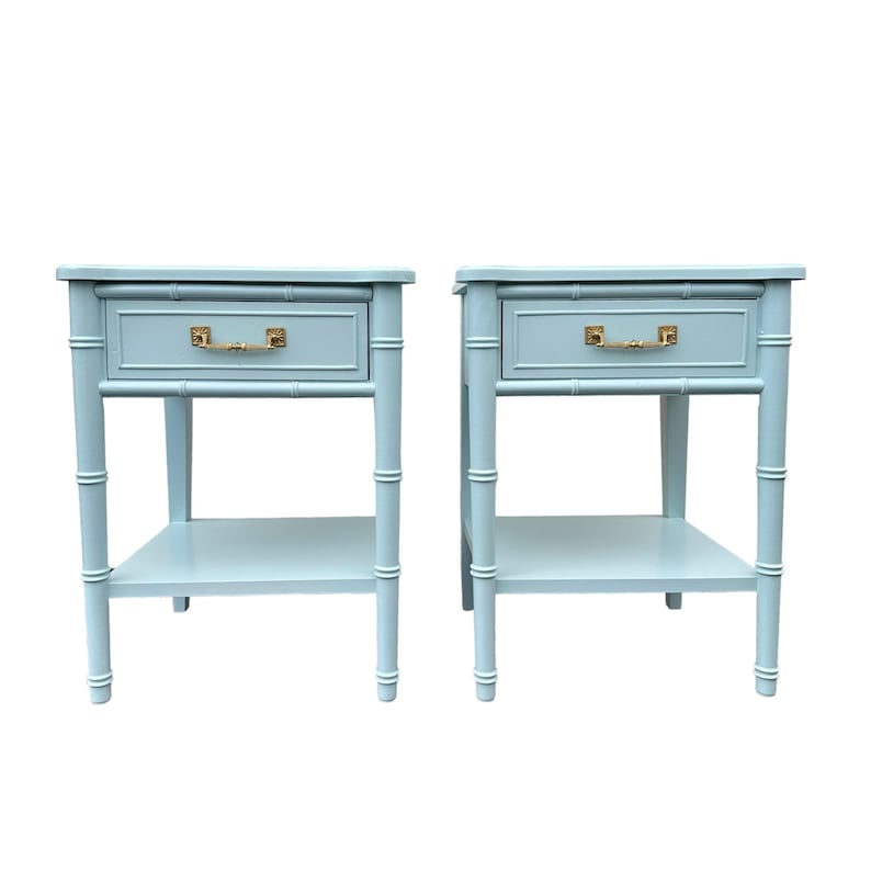 SOLD Set of 2 Henry Link Nightstands Painted Surf Spray Blue & Gold FREE SHIPPING Vintage Bali Hai Faux Bamboo Hollywood Regency Tables image 8