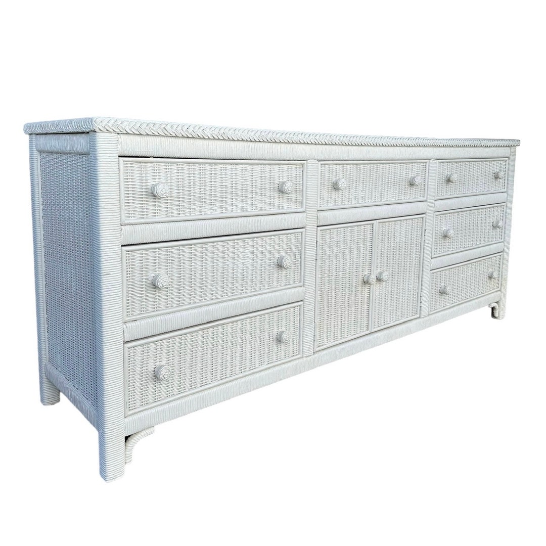 Henry Link Wicker Dresser With 9 Drawers and Glass Table Top Vintage