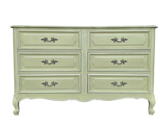 French Provincial Dresser by Henry Link - 1970s Vintage Green Farmhouse Shabby Chic Credenza with 6 Drawers