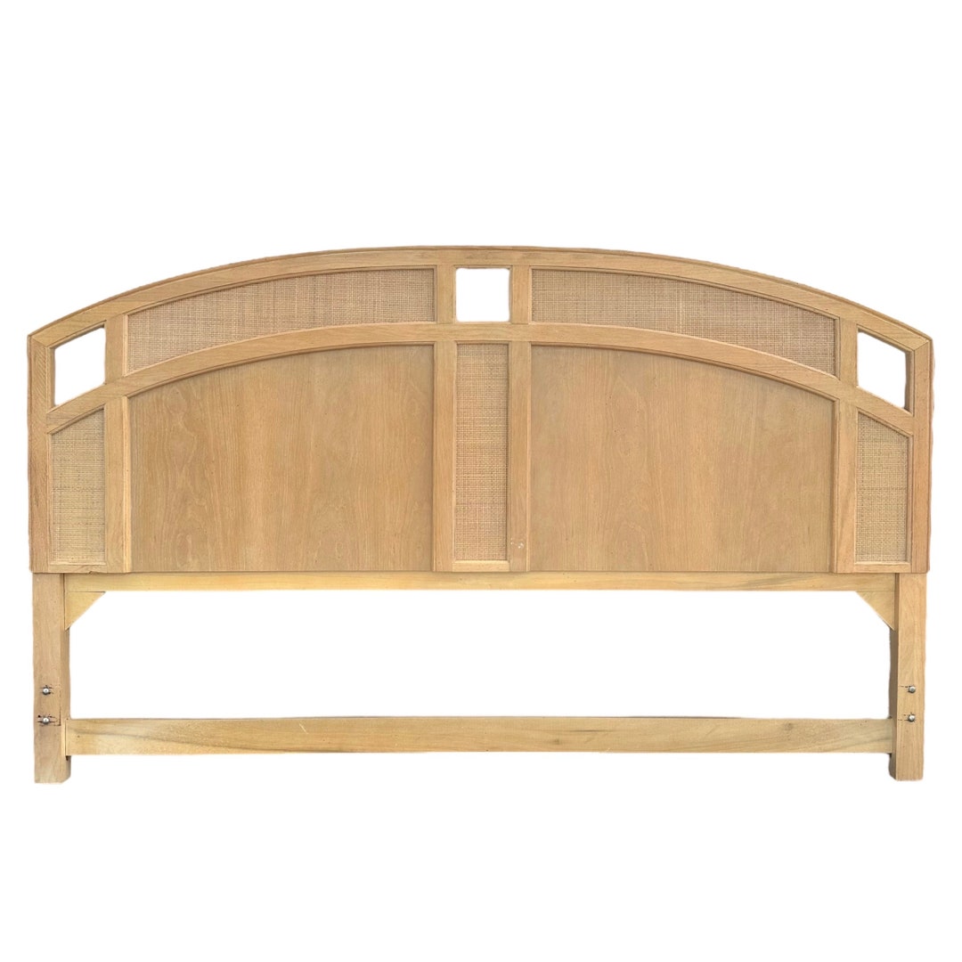 Natural Rattan King Headboard Vintage Curved Arched Blonde White Wood
