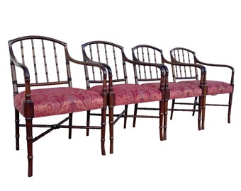 Set of 4 Vintage Faux Bamboo Mahogany Arm Chairs by Hickory Chair with Spindles & Cross Stretcher - Hollywood Regency Style Furniture