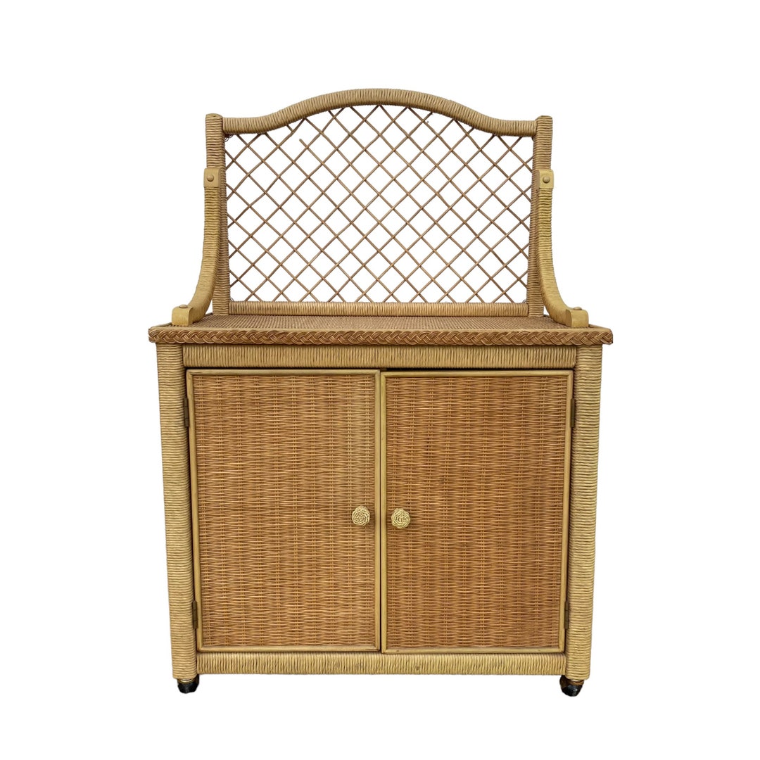 Vintage Henry Link Wicker Server With Woven Rattan & Casters