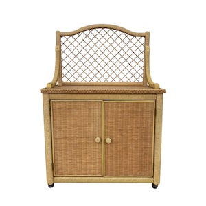 Vintage Henry Link Wicker Server Cabinet with Woven Rattan & Casters - Coastal Boho Chic Rolling Bar Cart