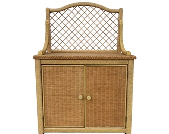 Vintage Henry Link Wicker Server Cabinet with Woven Rattan & Casters - Coastal Boho Chic Rolling Bar Cart