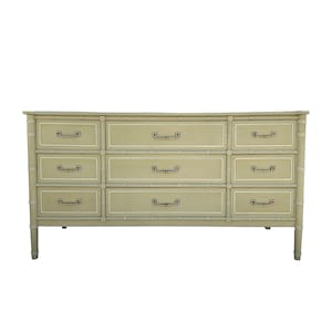 Henry Link Bali Hai Dresser 60" Long - 1970s Vintage Sage Green Faux Bamboo Hollywood Regency Coastal Chinoiserie Credenza with 9 Drawers