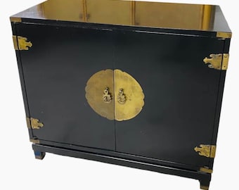 Chinoiserie Cabinet 34"W 15"D 30"H - Vintage Permacraft Mid Century Asian Black & Gold Entry Table or Accent Chest