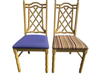 Set of 2 Faux Bamboo Dining Chairs Project - TLC Vintage Hollywood Regency Fretwork Palm Beach Coastal Chinoiserie Furniture