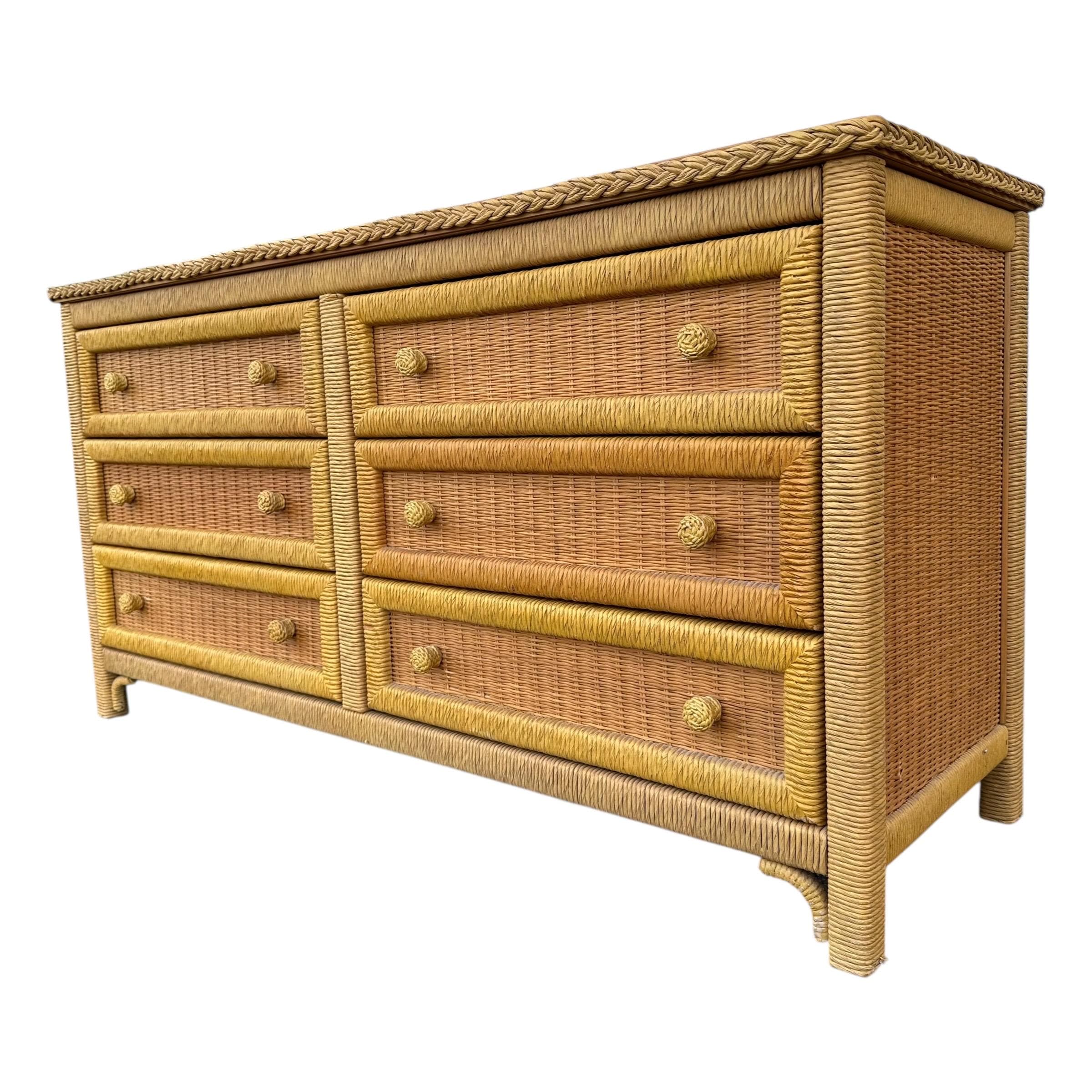 【希少】Henry Link ヴィンテージ6ドロワー チェスト 高級無垢材 収納 Natural Wicker Dresser by Henry Link 58” Long - Vintage Lexington