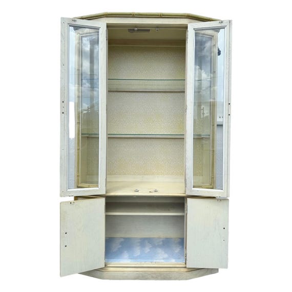 Faux Bamboo China Cabinet by Stanley - Vintage Yellow Lighted