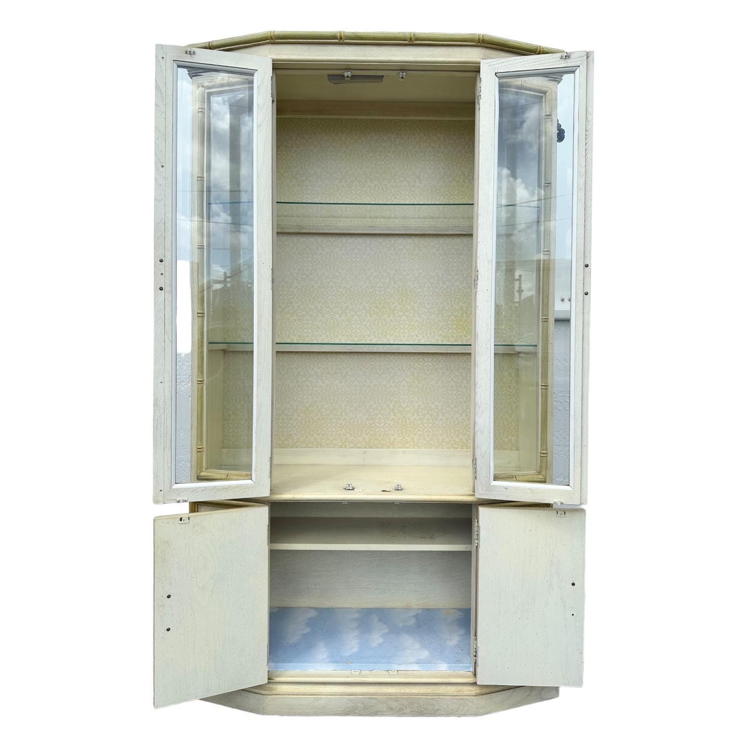 Faux Bamboo China Cabinet by Stanley - Vintage Yellow Lighted