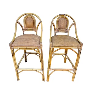 Set of 2 Vintage Rattan Barstools - Coastal Boho Chic Natural Bamboo Bentwood Wicker Chairs