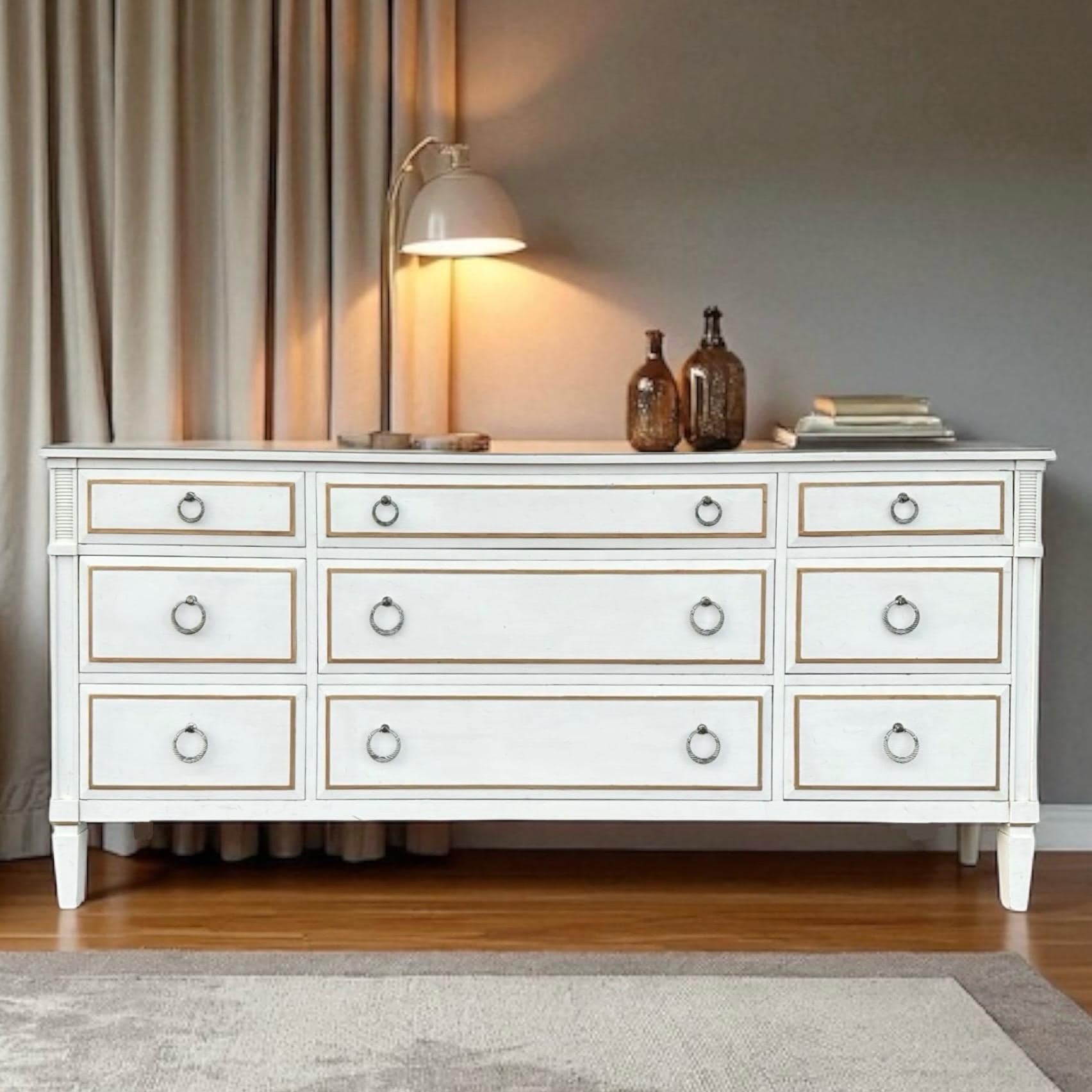 Vintage Davis Cabinet Company 71 Long Dresser  Antique White Gold Wood 9  Drawer Credenza With Drop Ring Pulls - Etsy