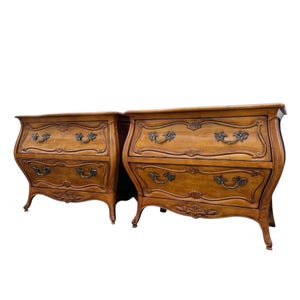 Pair of Vintage Century Bombe Nightstands - Coeur de France Solid Wood French Provincial 2 Drawer Commode Chests - Curvy Louis XV Style