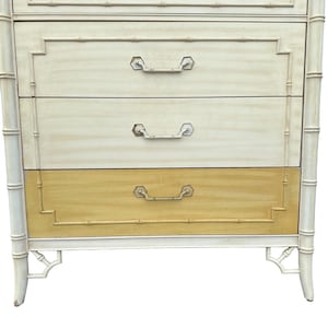 Vintage Faux Bamboo Tallboy Dresser by Thomasville Allegro Creamy White Chest of 5 Drawers Hollywood Regency Fretwork Coastal Chinoiserie image 7