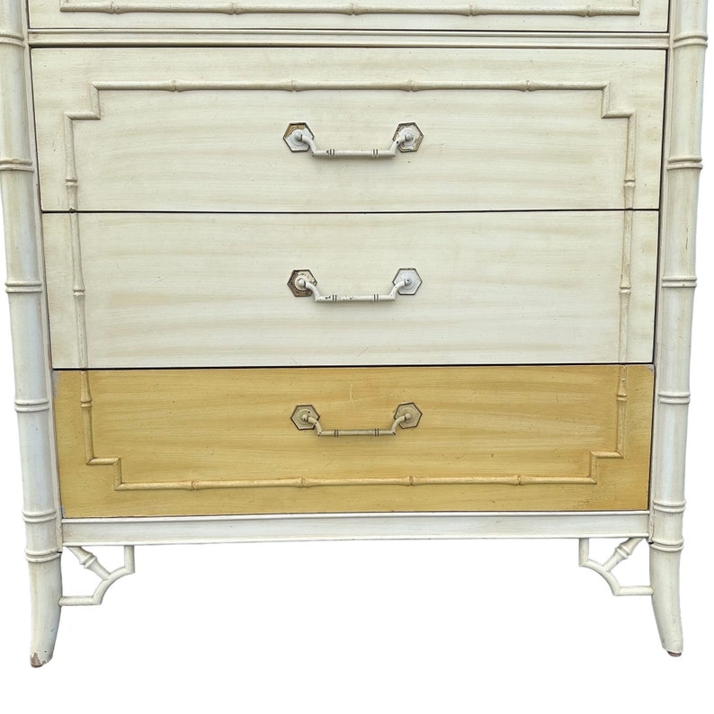 Vintage Faux Bamboo Tallboy Dresser by Thomasville Allegro Creamy White Chest of 5 Drawers Hollywood Regency Fretwork Coastal Chinoiserie image 7