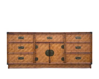 SOLD Rattan Dresser by Dixie with Faux Bamboo, Woven Herringbone Wicker & 9 Drawers - Vintage Campaign Hollywood Regency Coastal