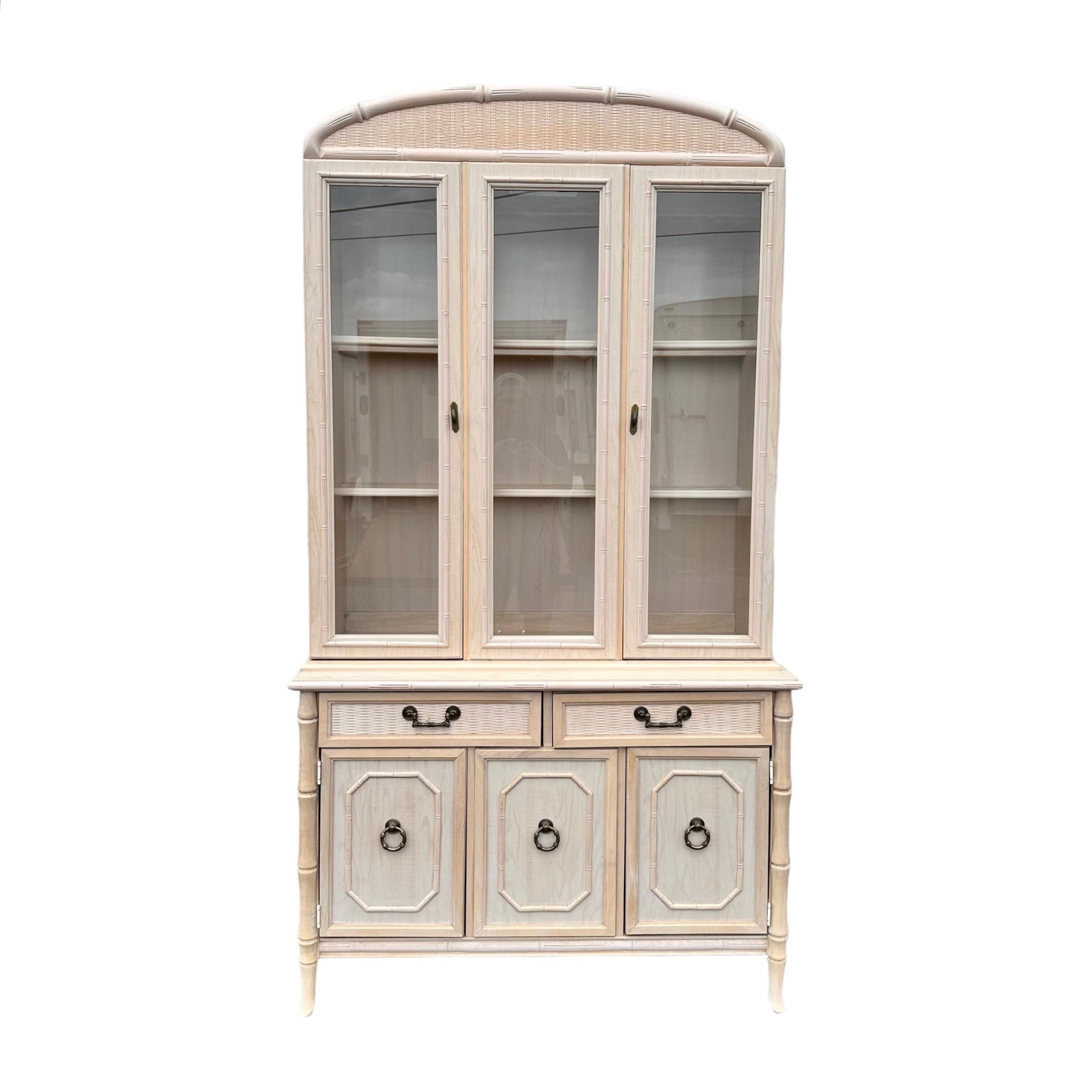 Vintage Buffet with Lighted Hutch by Broyhill - Illuminated White Wash Wood Faux Bamboo & Glass Display Hollywood Regency China Cabinet 