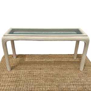 Pencil Reed Console Table with Waterfall Edges & Beveled Glass Top - Vintage Hollywood Regency Postmodern Furniture