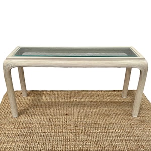 Pencil Reed Console Table with Waterfall Edges & Beveled Glass Top - Vintage Hollywood Regency Postmodern Furniture