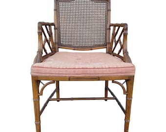 Vintage Chinese Chippendale Arm Chair - Faux Bamboo, Rattan Cane Back, Brown Wood, Hollywood Regency Chinoiserie Fretwork