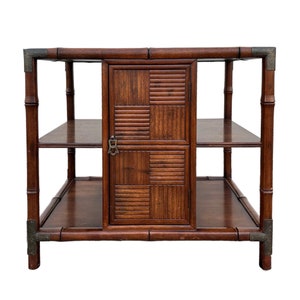 Faux Bamboo End Table 28x18x25High with Asian Brass Details, Cabinet and Shelves Vintage Chinoiserie Hollywood Regency Accent Side Table image 1