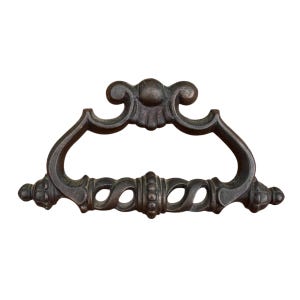 May include: A dark bronze-toned metal drawer pull featuring a swinging bail handle with a twisted rope-like center section and a decorative arched backplate with scrollwork details at the top and finial accents on the ends of the handle.