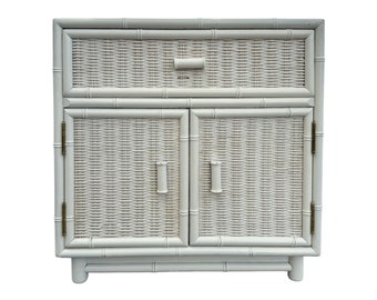 Vintage Wicker Nightstand FREE SHIPPING - White Faux Bamboo Wood and Rattan End Table Cabinet Hollywood Regency Coastal Boho Chic Style