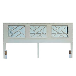 Chinese Chippendale King Headboard by Drexel Omega - Rare Vintage Mirrored White Faux Bamboo Hollywood Regency Palm Beach Chinoiserie Style