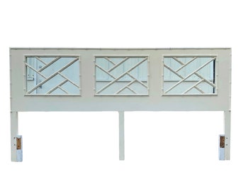 Chinese Chippendale King Headboard with Unique Mirrored Back - Vintage White Faux Bamboo Hollywood Regency Palm Beach Chinoiserie Furniture