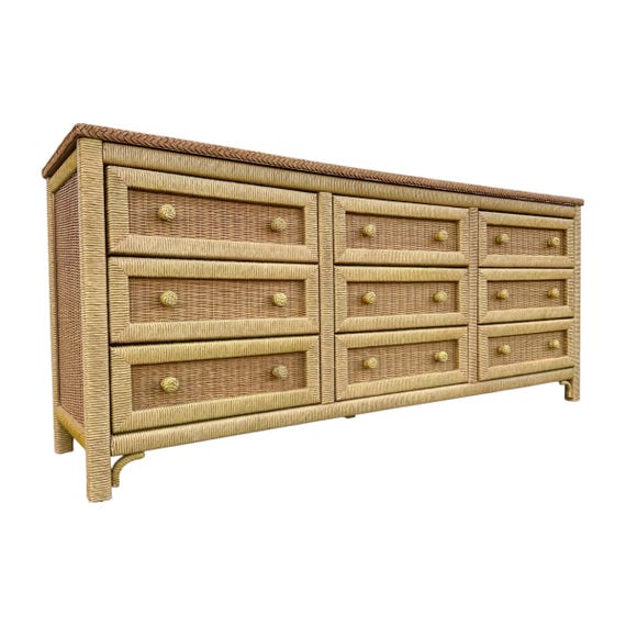 Henry Link Wicker Dresser with 9 Drawers - Vintage Wrapped Rattan Coastal Boho Chic Furniture Henry Link Wicker Dresser with 9 Drawers - Vintage Wrapped Rattan Coastal Boho Chic Furniture
