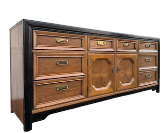 Chinoiserie Dresser by Thomasville with Two Tone Black & Wood - 72" Vintage Asian Style Credenza or Sideboard