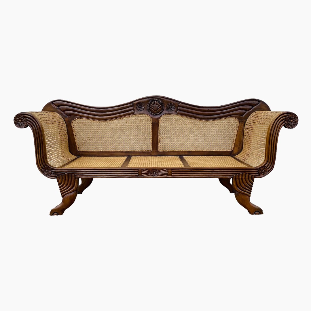 Colonial Style Sofa With Carved Teak Wood, Cane Rattan, Rolled Arms