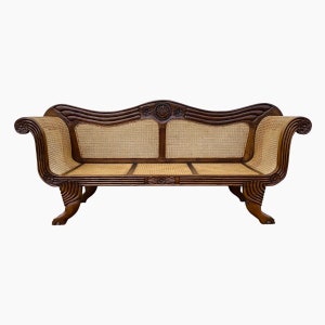 Colonial Style Sofa With Carved Teak Wood, Cane Rattan, Rolled Arms & Paw Feet - Royal Regency Antique Style Furniture Loveseat Settee Bench