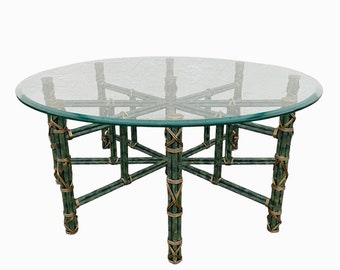 Maitland-Smith Coffee Table with Round Glass Top, Green Faux Bamboo Steel & Gold Brass - Old World Luxury Hollywood Regency Style Furniture