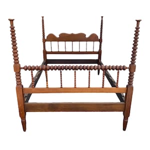 Antique Jenny Lind Spool Bed 53W 76D 54H - American Classical Bobbin Turned Spindle Four Poster Headboard, Footboard and Side Rails