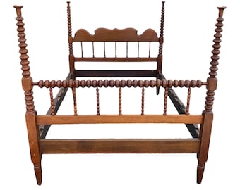 Antique Jenny Lind Spool Bed 53W 76D 54H - American Classical Bobbin Turned Spindle Four Poster Headboard, Footboard and Side Rails