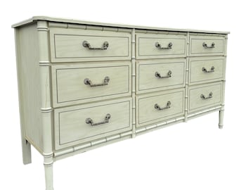 Faux Bamboo Dresser Project with 9 Drawers - Vintage Creamy White Henry Link Style Hollywood Regency Palm Beach Coastal Credenza Furniture