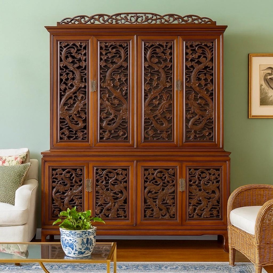 チャイナヴィンテージ家具 Vintage Rosewood China Cabinet - Hand Carved Fire Dragons, Asian