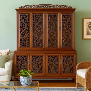 Vintage Rosewood China Cabinet - Hand Carved Fire Dragons, Asian Brass Hardware, Glass Doors, Oriental Display Hutch, Rare Chinese Furniture