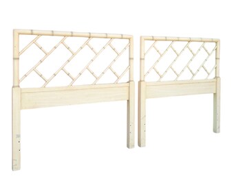 Chinese Chippendale Twin Headboards by Henry Link Bali Hai Set of 2 - Vintage Cream White Faux Bamboo Fretwork Chinoiserie Coastal King Pair