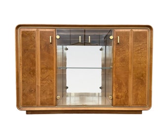 Postmodern Waterfall Server by American of Martinsville with Light, Burl Wood, Mirror & Gold - Vintage Art Deco Display Entry Table Console