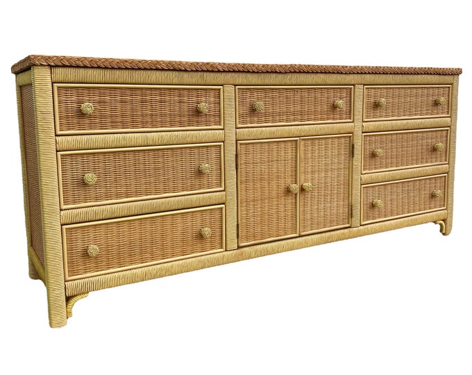 Henry Link Wicker Dresser With 9 Drawers Vintage Wrapped Rattan Coastal