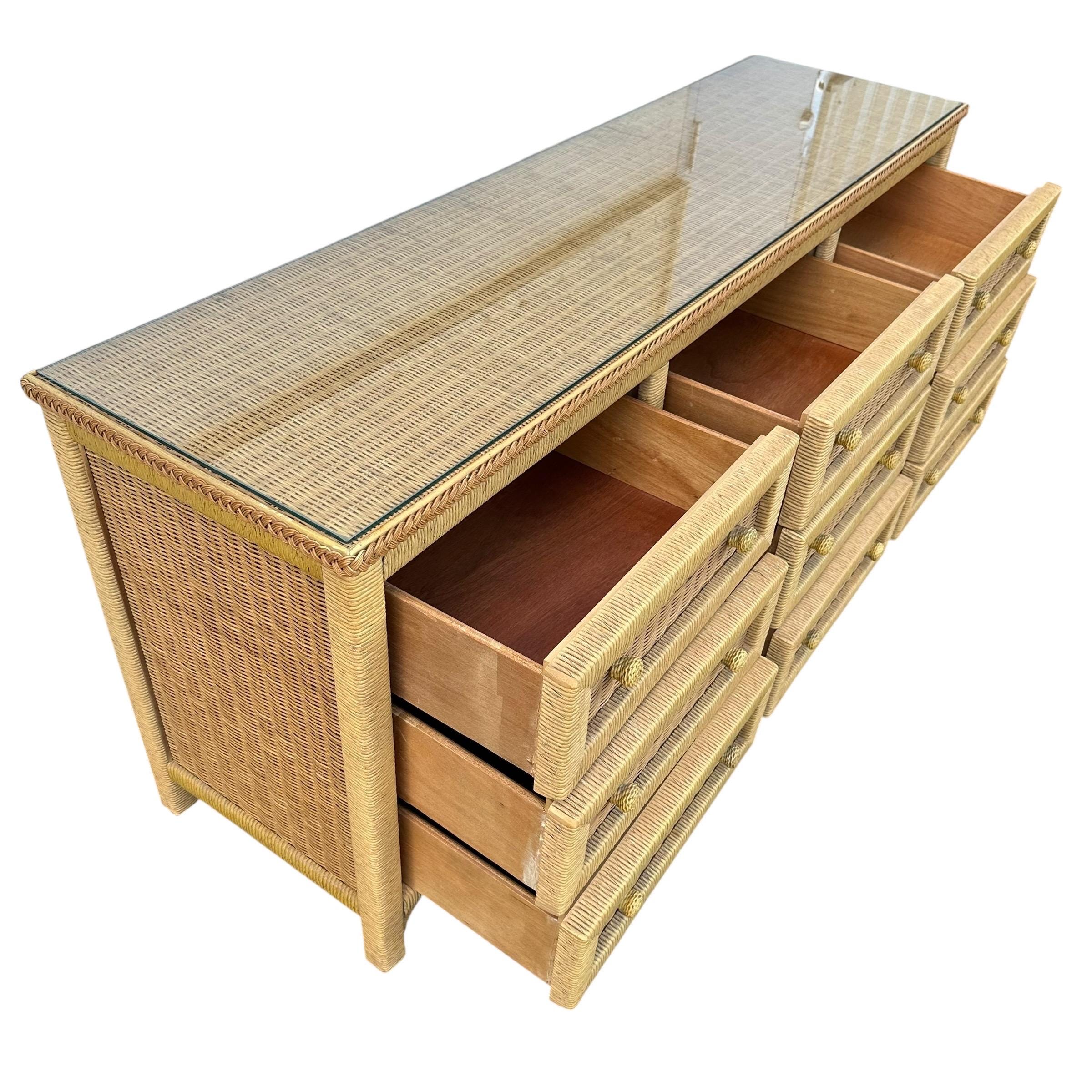 Henry Link Wicker Dresser With 9 Drawers - Vintage Wrapped Rattan ...