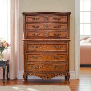 French Provincial Serpentine Tallboy Dresser 39x20x56”H - Vintage Thomasville Golden Wood Louis XV Country Shabby Chic Chest of 6 Drawers